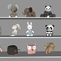 Plush Stuffed Animal Collection Displayed on White Shelves with Various Designs