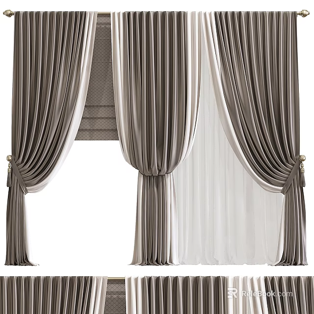 Luxurious Modern Curtains With Gray And White Double Layer Design And Tiebacks 3d model