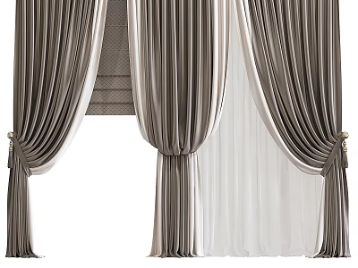 Luxurious Modern Curtains With Gray And White Double Layer Design And Tiebacks 3d model