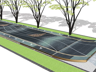 Stylish Garden Ornament with Curved Pathway Trees Green Lawn Water Elements and Linear Paving 3d model