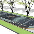 Stylish Garden Ornament with Curved Pathway Trees Green Lawn Water Elements and Linear Paving