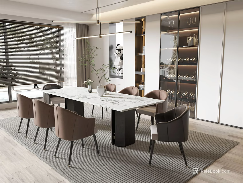 Modern Rectangular Dining Table Set With Marble Top And Brown Chairs Under Pendant Lights 3d model