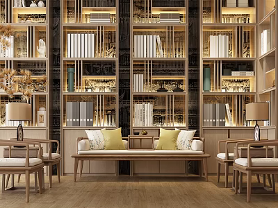 Elegant Traditional Chinese-style Daybed In Interior With Wooden Bookshelves And Decorative Items 3d model