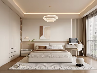 Modern Bedroom Interior Design With White Wardrobe Decorative Painting And Round Chandelier 3d model