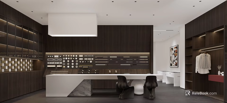 Modern Boutique Showroom Interior With Dark Wooden Wall White Counter Display Items And Black Chairs 3d model 