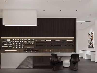 Modern Boutique Showroom Interior With Dark Wooden Wall White Counter Display Items And Black Chairs 3d model