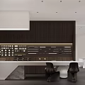 Modern Boutique Showroom Interior With Dark Wooden Wall White Counter Display Items And Black Chairs