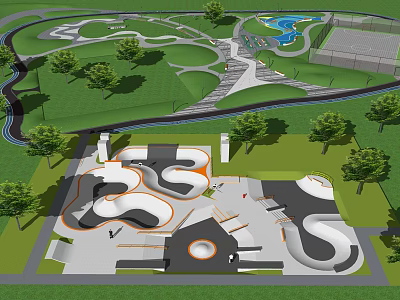 Park Landscape Design with Green Grass Trees Paths Water Feature and Playground Area 3d model