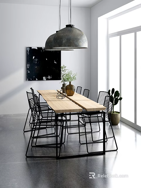 Wooden Dining Table Set With Black Metal Woven Chairs Vase Green Plants And Abstract Art 3d model 