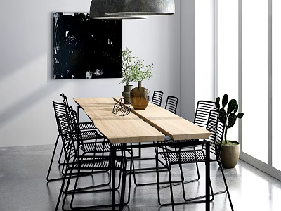 Wooden Dining Table Set With Black Metal Woven Chairs Vase Green Plants And Abstract Art 3d model