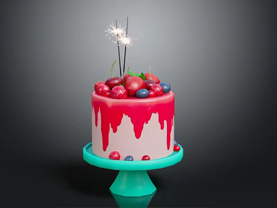 Birthday Cake With Red Dripping Frosting Fresh Fruit Toppings And Sparklers On Green Cake Stand 3d model
