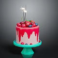 Birthday Cake With Red Dripping Frosting Fresh Fruit Toppings And Sparklers On Green Cake Stand