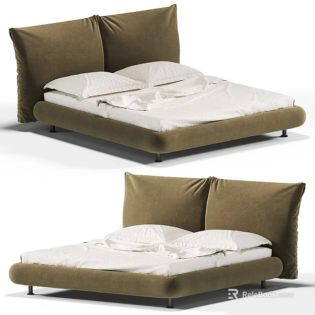 Modern Double Bed With Brown Upholstered Headboard And White Bedding 3d model