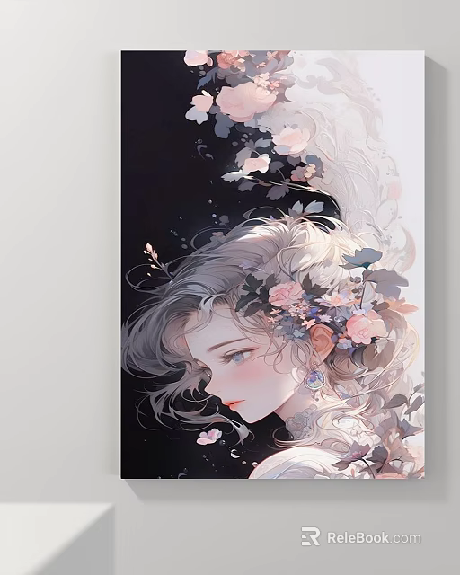 Portrait Painting of Female With Light Curly Hair Pink Flowers and Leaves on Dark Background 3d model 