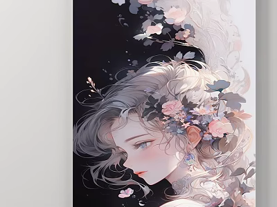 Portrait Painting of Female With Light Curly Hair Pink Flowers and Leaves on Dark Background 3d model