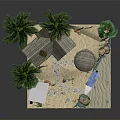Tropical 3D Island Model With Thatched Huts Palm Trees Boat Sand And Water