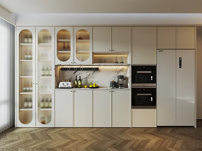 Modern Kitchen Wine Cabinet Design With Glass Doors Marble Countertop And Cabinets 3d model