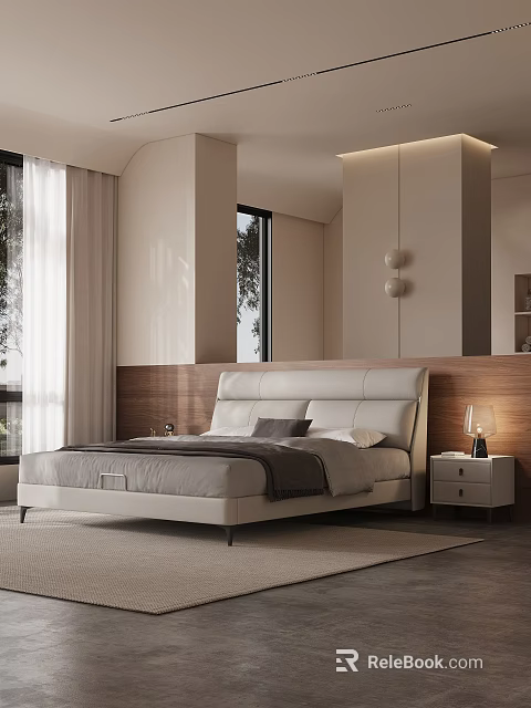 Modern White Leather Double Bed With Wooden Accent Wall And Nightstand In Contemporary Bedroom 3d model 