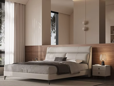 Modern White Leather Double Bed With Wooden Accent Wall And Nightstand In Contemporary Bedroom 3d model