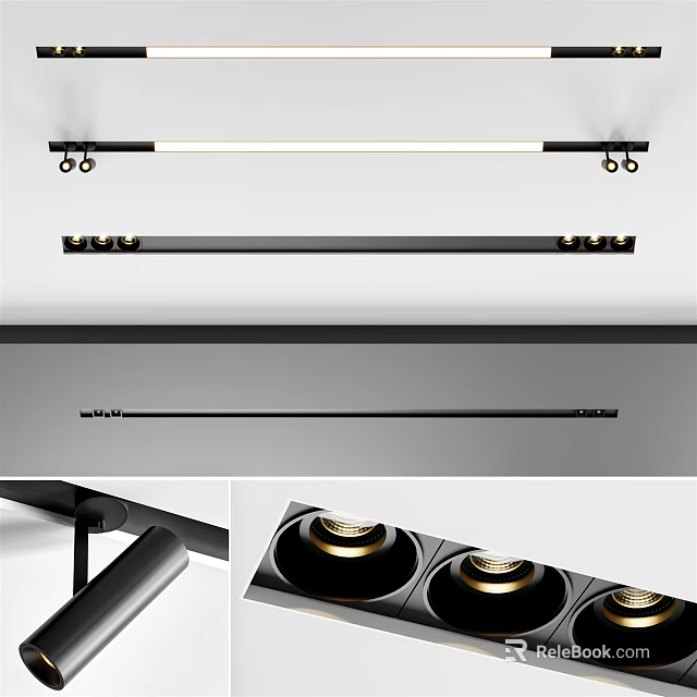 Modern Linear Downlights and Spotlights with Sleek Black and Gold Design for Ceiling Mounting 3d model 