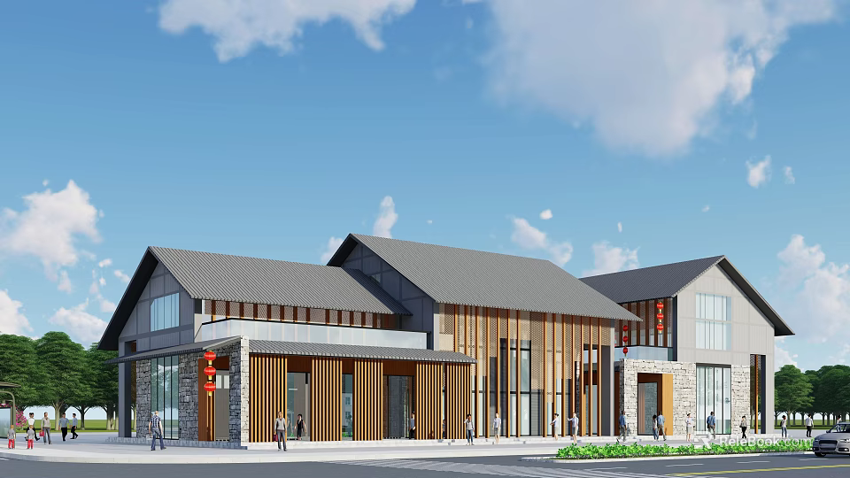 Traditional And Modern Style Office Building With Wooden Facade Red Decorations And Blue Sky 3d model 