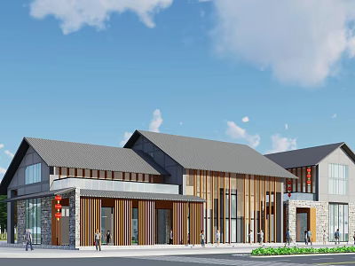 Traditional And Modern Style Office Building With Wooden Facade Red Decorations And Blue Sky 3d model
