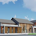 Traditional And Modern Style Office Building With Wooden Facade Red Decorations And Blue Sky
