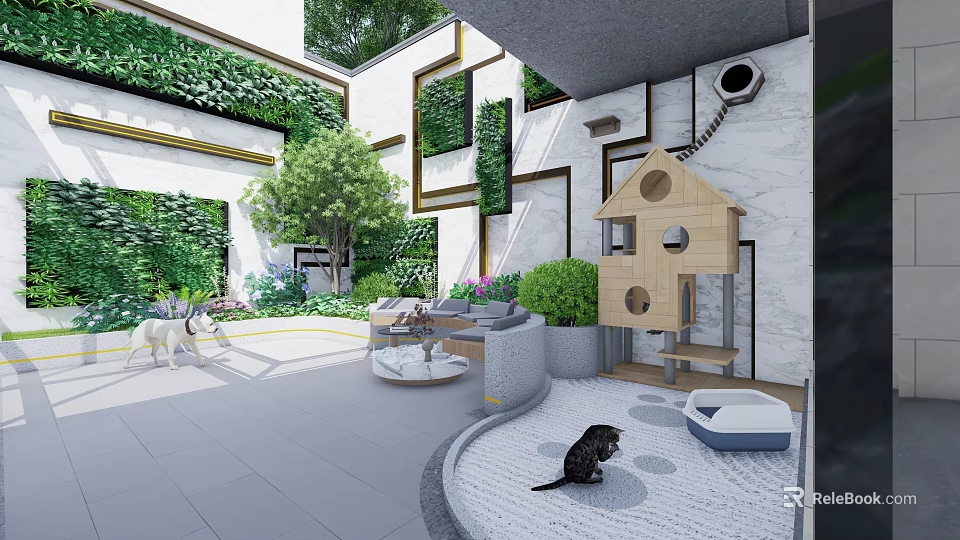 Modern Garden Patio With Greenery Walls Cat Tree And Black Cat On Stone Floor 3d model 