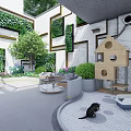Modern Garden Patio With Greenery Walls Cat Tree And Black Cat On Stone Floor