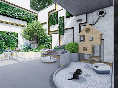 Modern Garden Patio With Greenery Walls Cat Tree And Black Cat On Stone Floor 3d model