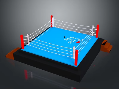 Boxing Ring With Blue Mat White Ropes Red Corner Posts And Steps 3d model