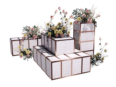 Modern Floral Display With Stacked White Cube Boxes Pink Roses Yellow Flowers And Greenery 3d model