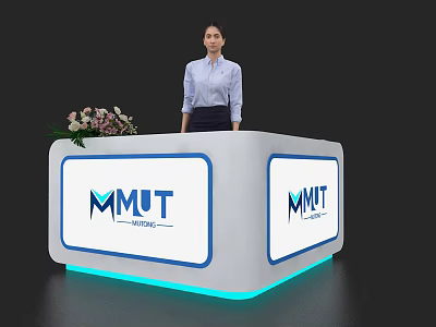 Modern Reception Desk Featuring MMUT Logo Professional Staff Fresh Flower Arrangement And Blue LED Base 3d model