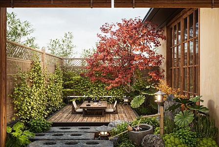 Japanese Zen Courtyard Landscape Red Maple Landscape Tree Landscape Stone Ting Step Fence Flowers and Plants 3d model