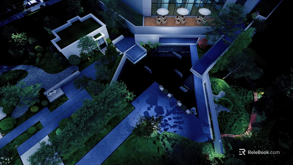 Modern Garden Landscape With Night View Water Features Green Plants And Pathways 3d model 