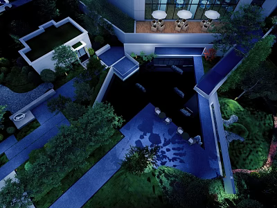 Modern Garden Landscape With Night View Water Features Green Plants And Pathways 3d model