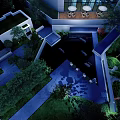 Modern Garden Landscape With Night View Water Features Green Plants And Pathways