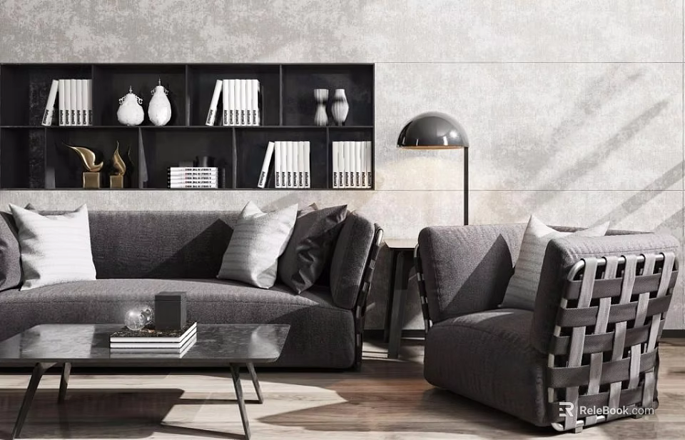 Modern Sofa and Coffee Table Set with Bookshelf Floor Lamp and Throw Pillows 3d model 