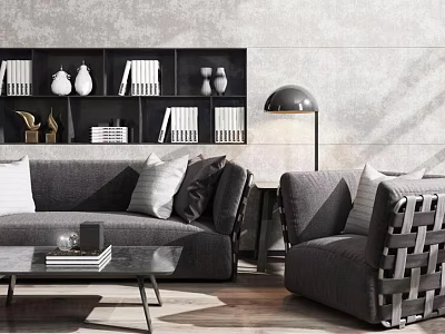 Modern Sofa and Coffee Table Set with Bookshelf Floor Lamp and Throw Pillows 3d model