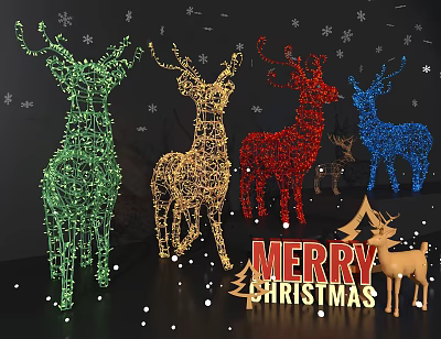 Colorful Christmas Window Display Decoration With Green Gold Red Blue Deer Shaped Lights And Snowflakes 3d model