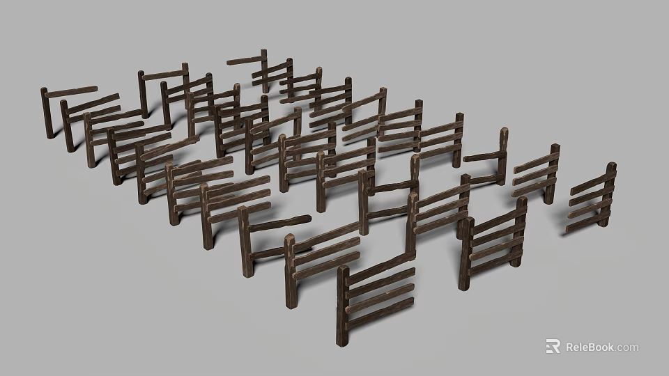 Brown Wooden Fence Panels Arranged in Multiple Rows for Garden Decoration 3d model 