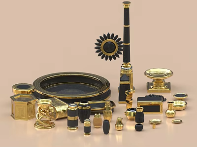Luxurious Gold And Black Decorative Ornament Set With Sunburst Design And Circular Base 3d model