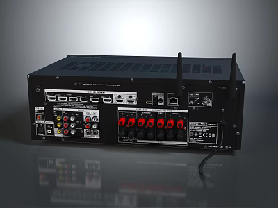 Black Computer Peripheral Device Featuring Multiple Ports Red Knobs And Antennas 3d model