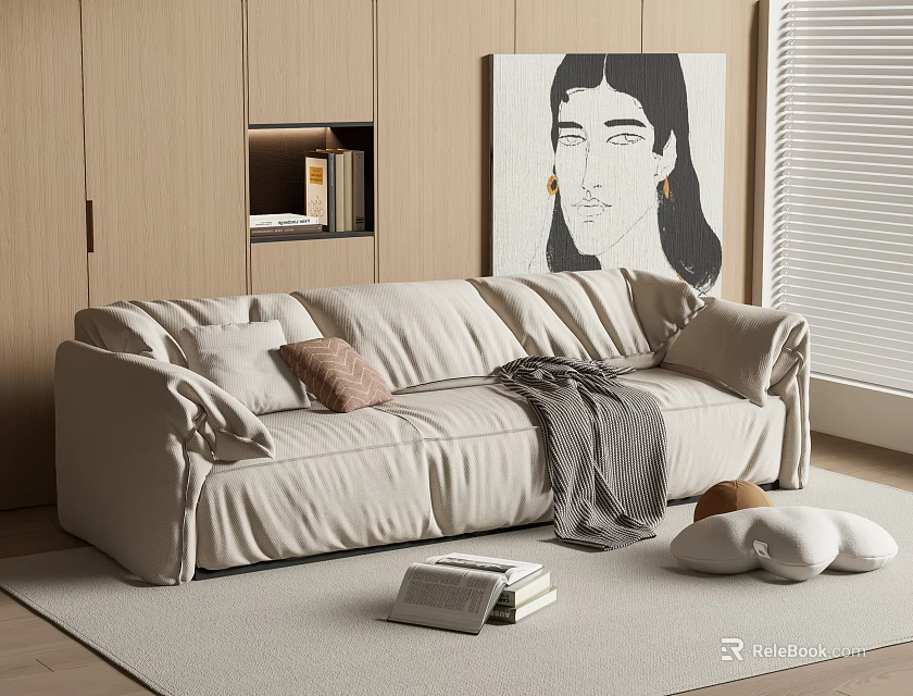 Beige Sectional Sofa With Pillows And Throw Blanket On Rug Near Wooden Cabinets And Blinds 3d model 