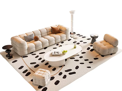 Modern Beige Sofa and White Coffee Table Set with Accent Chair Floor Lamp Spotted Rug 3d model