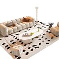 Modern Beige Sofa and White Coffee Table Set with Accent Chair Floor Lamp Spotted Rug