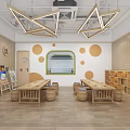 Preschool Interior Design With Wooden Reception Desk Bookshelves And Children's Learning Seats