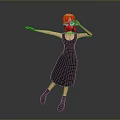 3D Game And Movie Character Red Hair Black Dress Black Boots Striking Pose Gray Background