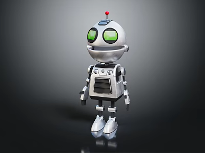 Silver Robot Character With Green Eyes Red Antenna And R2 Label Standing On Dark Background 3d model
