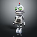 Silver Robot Character With Green Eyes Red Antenna And R2 Label Standing On Dark Background